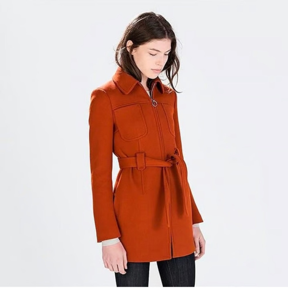 Zara Woman Elegant Burnt Orange Retro Long Sleeve Coat With Tie - Picture 17 of 17
